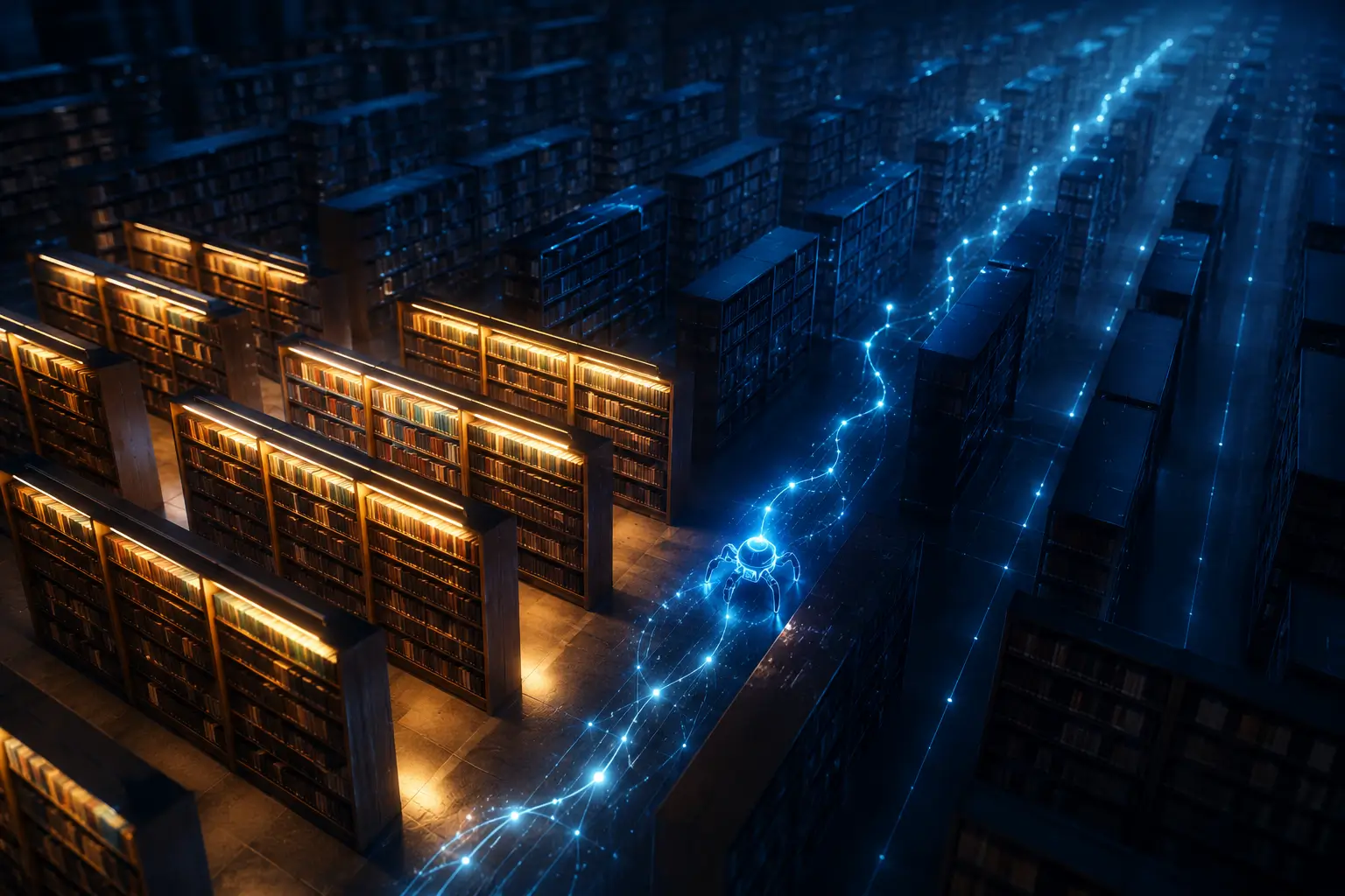 Bibliothèque-futuriste-et-sentier-lumineux (1) Bibliothèque qui se réfère à la pagination d'un site web.