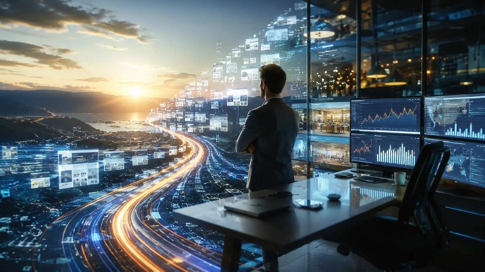 Vue-futuriste-depuis-un-bureau-high-tech (1) Vue futuriste depuis un bureau holographique